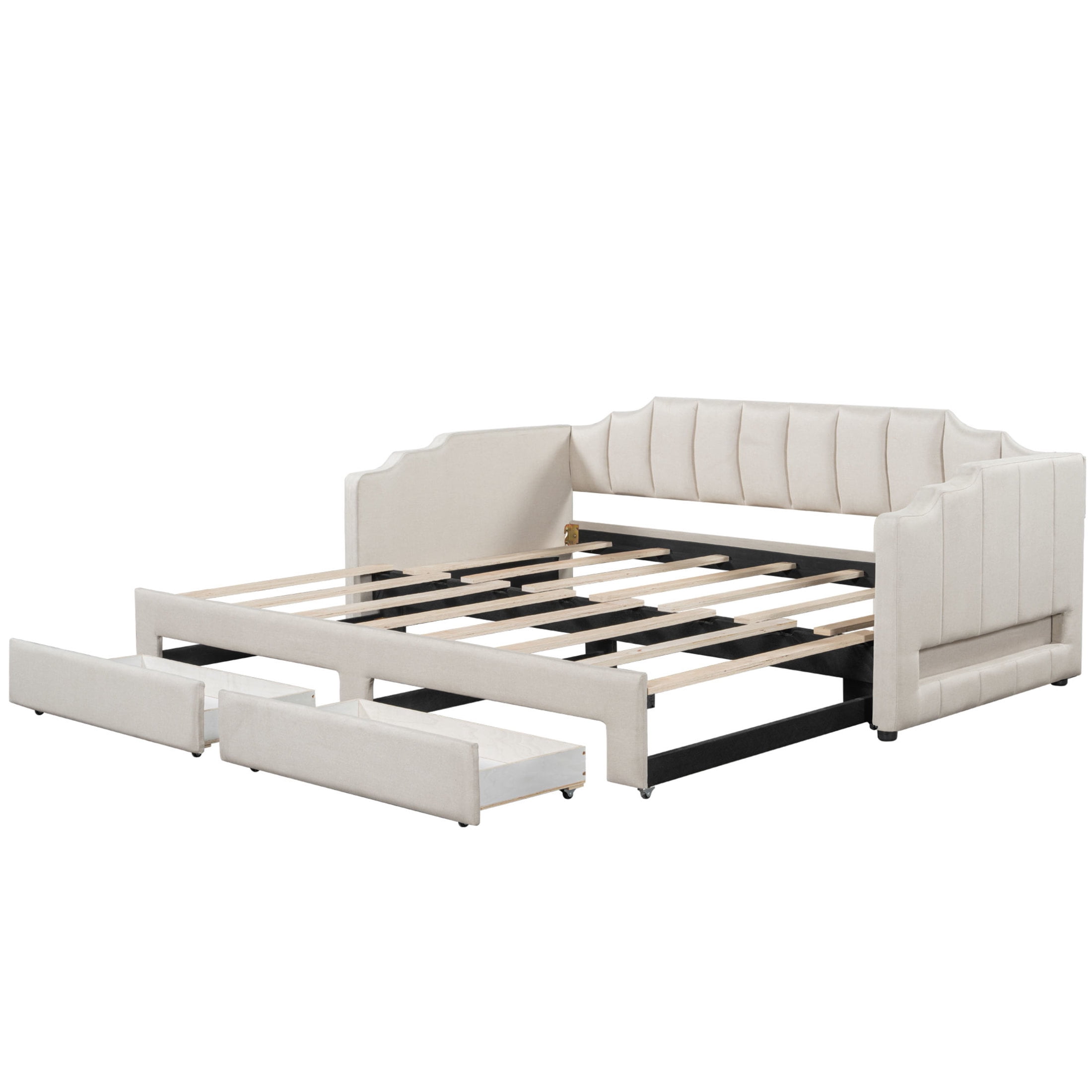 Noble House Twin XL to King Extendable Daybed with LED Light and Storage Drawers, Linen Upholstered, Beige