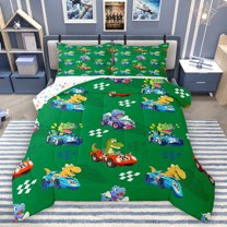 Homewish Cute Dinosaur Dino Full Size Comforter Sets,Cartoon Racing Car Bedding Comforter Set,Green Blue Yellow Bedding Sets For Kids,Luxury Bedroom Decor Reversible,3pcs