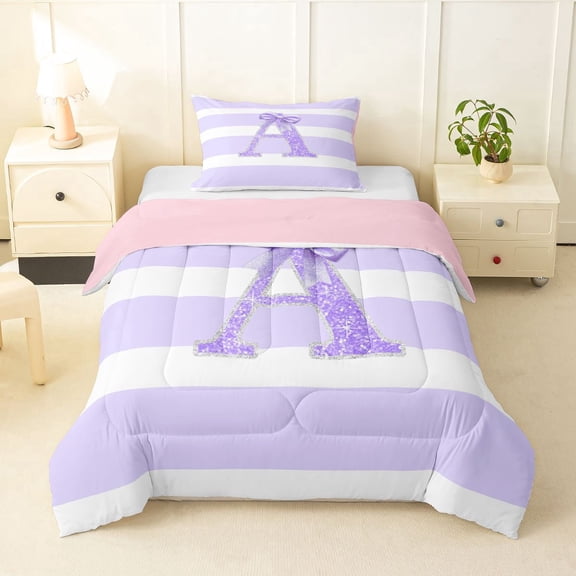 Erosebridal Glitter Print Personalized Initial A Girl Twin Comforter Sets 3-Piece,Kids Teens Purple Bow Geometric Stripes Bedding Set,Pink Reversible