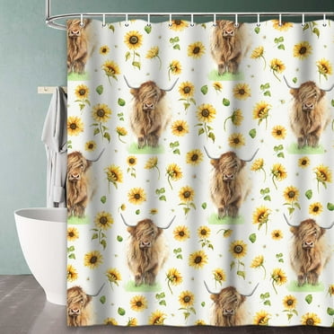Rustic Sunflower Shower Curtain Farmhouse Highland Cow Bathroom Curtains Yellow Floral Country Fabric Bathtub Decor   Hooks 72X72inch