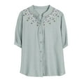 thumbnail image 5 of Feancey Boho Blouses for Women Button Casual Cototn Linen Shirts Half Sleeve Collarless Summer Beach Shirt Loose Fit Casual Floral Embroidery Tops Light Blue XXL, 5 of 6