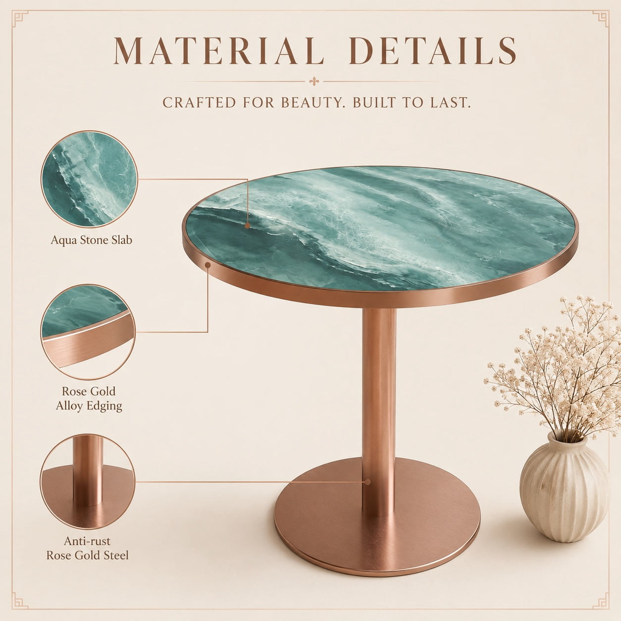 Aukfa 31.5" Round Sintered Stone Dining Table for 2-4, Kitchen Table Tulip Table with Rose Gold Pedestal Base for Bistro Small Apartment,Emerald Green