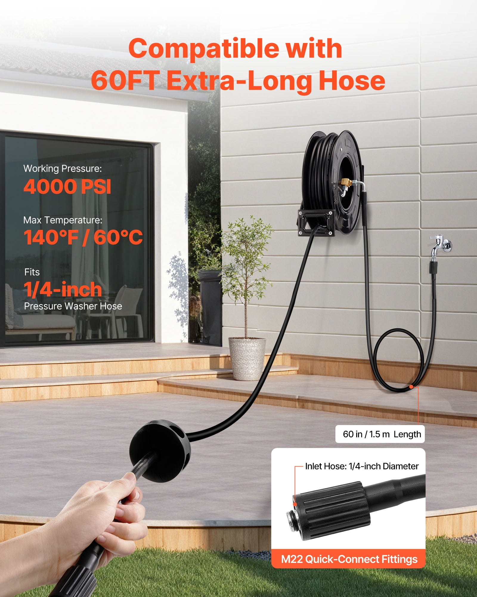 VEVOR Pressure Washer Hose Reel, 60 ft x 1/4 inch Retractable Power Heavy-Duty Steel Washer Hose Reel, 4000PSI Max, Auto-Rewinding, Flexible Wall/Floor Mounted for Car Washing,Garden,Floor Cleaning