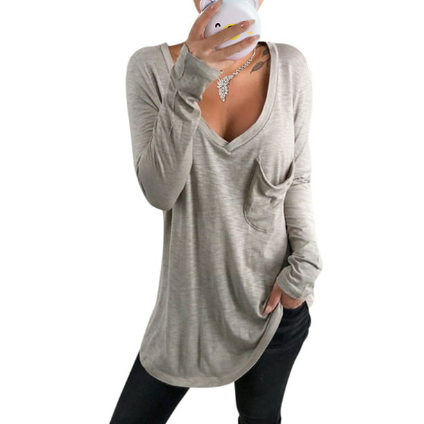 Womens Casual V Neck Tess Long Sleeve Tunic T-Shirt Blouse Tops Pullover  With Pocket S-3XL - Walmart.com