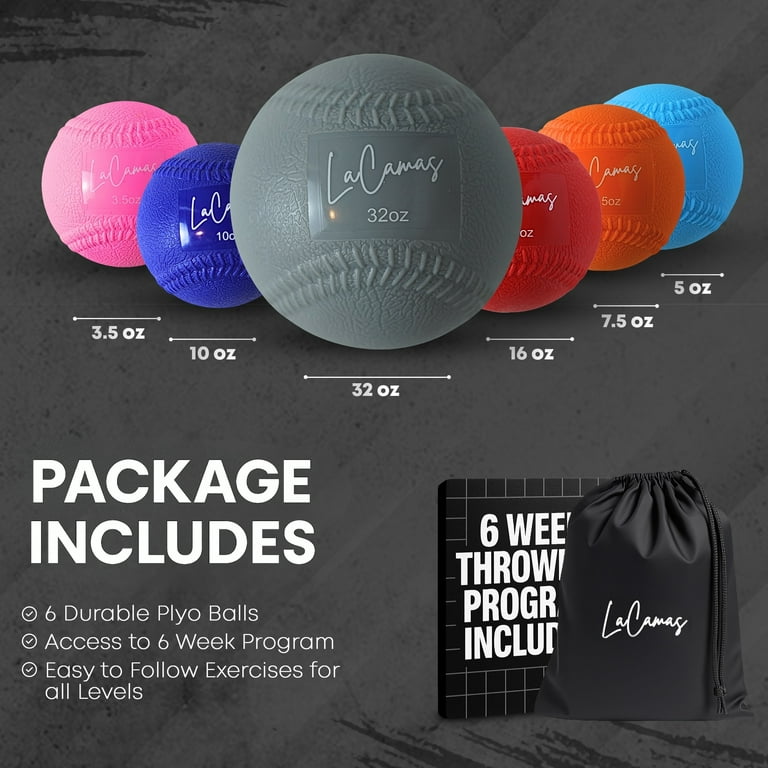 Plyometric Balls for Baseball – Weighted Throwing Set (3.5oz–32oz) with Stitched Seams – 6 Soft-Shell Balls + Carry Bag + Free 6-Week Throwing Program – Arm Care & Velocity Trainer