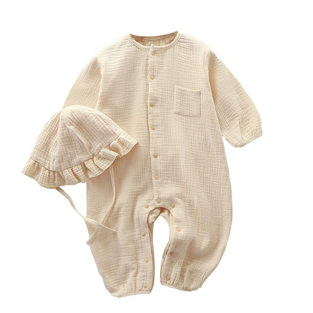 WEIYLL Boys Bodysuits Long Sleeve Button Down Fall Hat Solid Color Pocket Knit Beige Baby Overalls for 6-12 Months
