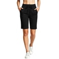 thumbnail image 3 of CQONEPT Women's Bermuda Sweat Shorts High Waisted Knee Length Shorts with 3 Pockets Drawstring Casual Athletic Shorts Black L, 3 of 5