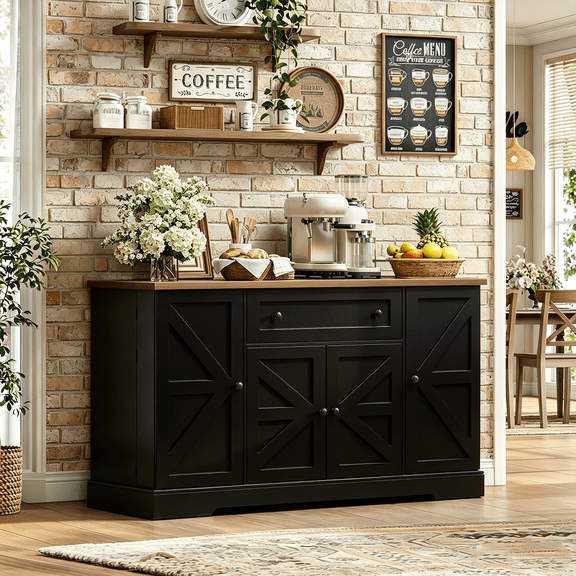 Frmobepts 55.1"W Kitchen Storage Cabinet with Charging Station, 4 Door Buffet Sideboard with Large Drawer, Coffee Bar for Dining Room, Black