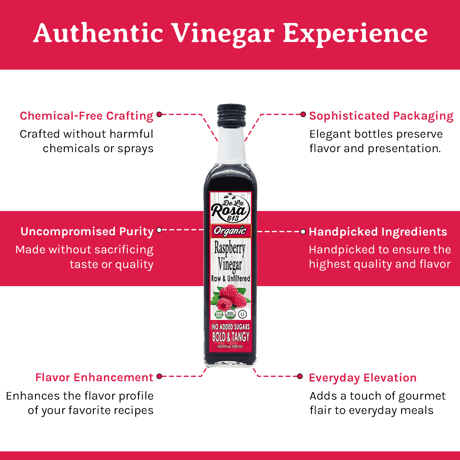 De La Rosa613 Organic Raspberry Vinegar, Raw & Unfiltered, Kosher for Passover, 16.9 Oz (Pack of 2)