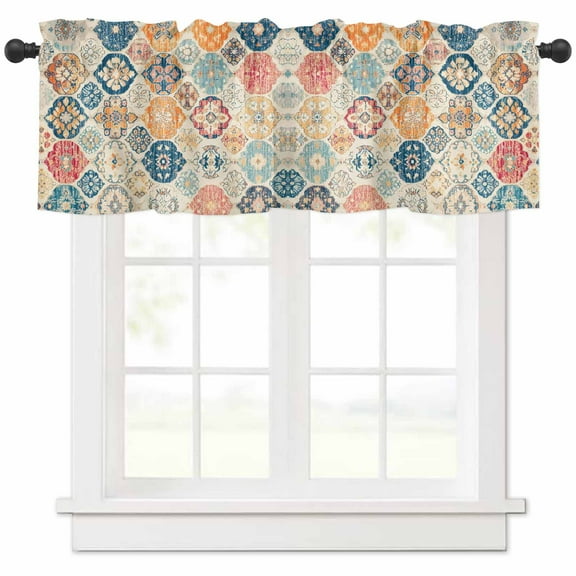 nqOlkjepod Boho Morocco Farmhouse Short Window Curtain Valances, Retro Farmhouse Ethnic Neutral Aesthetic Rod Pocket Kitchen Valances for Living Room Bedroom Bathroom Cafe, 1 Panel - 42" x 12"