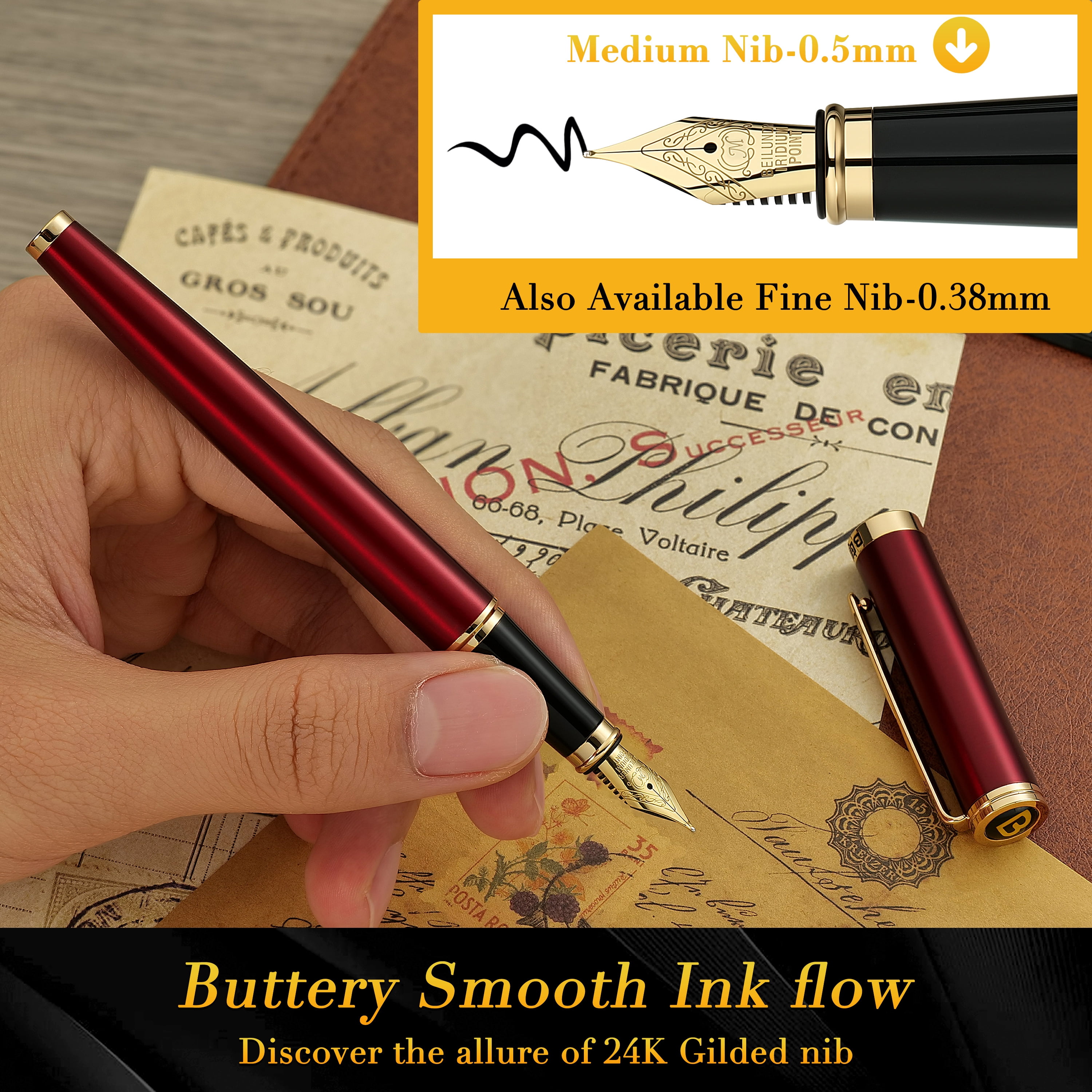 BEILUNER Red Fountain Pen,Stunning Luxury Pen,24K Gilded Nib(Medium),Gorgeous 24K Gold Finish,German Schneider Ink Converter,Trustworthy Pen Gift for Men&Women-Elegant,Executive,Nice Pen for Writing