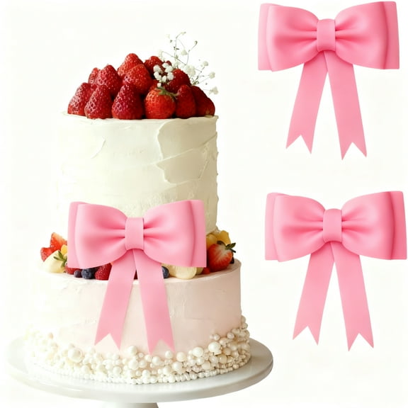 Cake Bows - 2 Pack Fondant Bow Cake Toppers, Wedding Cake Decorations, Party Cake Decor(Pink)