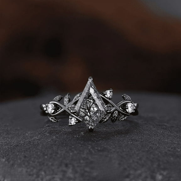 Vintage Kite-Cut Black Rutilated Quartz Ring- Cross-Leaf Diamond Statement Engagement Ring in 14K Black Gold Vermeil