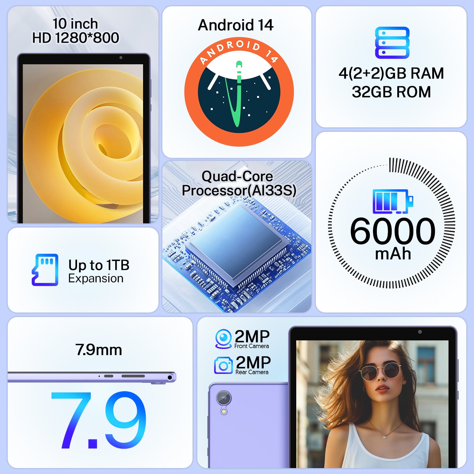 10 inch Android 14 Tablet，Android Tablets Quad Core Processor,4GB+32GB+1TB Expandable Tablet Computer,1280*800 IPS Screen,6000mAh Battery,WiFi - Purple