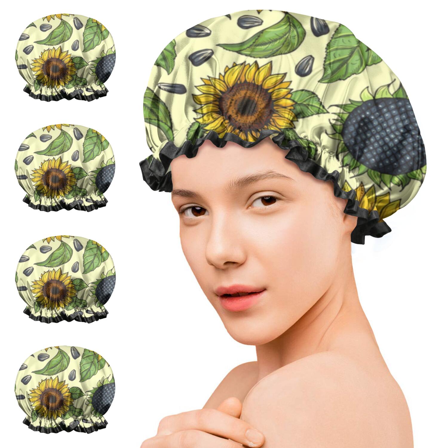 Shower Caps,Yellow Sunflower Seed Pattern Waterproof Shower Cap for Women 4 Pieces,Double Reusable Hair Cover for Shower PEVA Elastic Stretch Hem