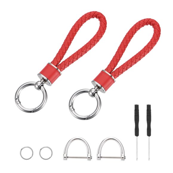 Weave Key Chain Ring Braided Rope Leather Keychain with 360 Degree Rotatable D-ring and Screwdriver Zinc Alloy Red 2