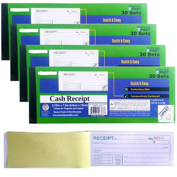4 X Money Rent Cash Receipt Book 3 Part 30 Sets Carbonless Invoice 2.75" x 7.5"