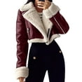 thumbnail image 2 of Womens Leather Jacket Faux Fur Moto Jacket Winter Trench Coat Cropped Shearling Jacket Chestnut Red XL, 2 of 9