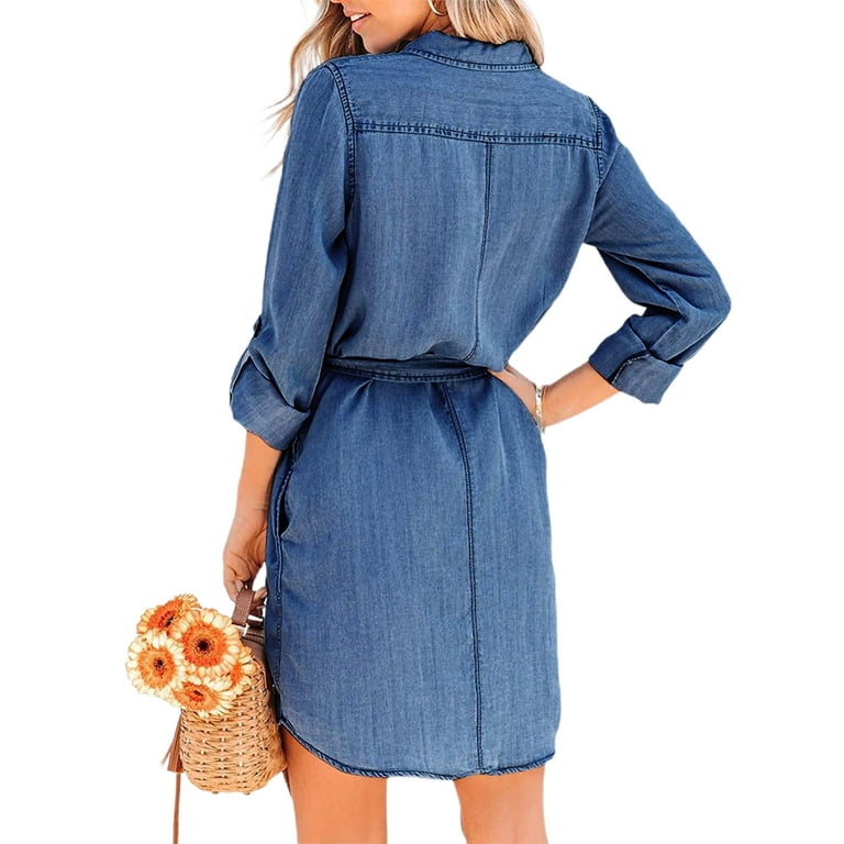 Canis Women s Casual Denim Midi Dress Long Sleeve Button Down Lapel Short Jean Tunic with Belt Pockets Walmart