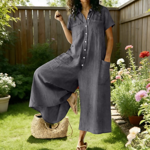 Cutuoiiu Fashion Women's Solid Color Short Sleeve Jumpsuit, Loose Fit Button Down Wide Leg Pants for Summer Daily Wear