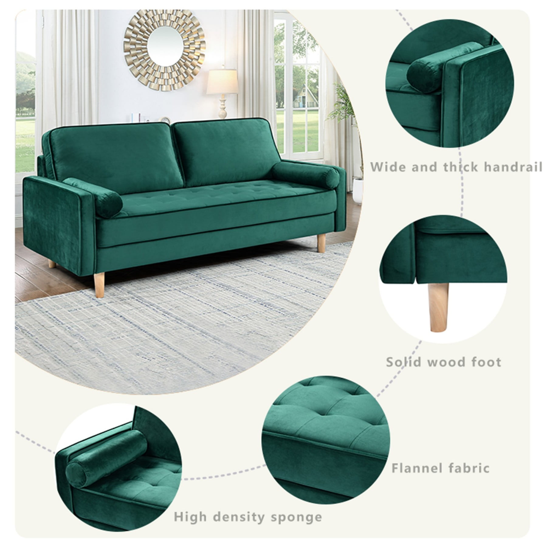70" Modern Velvet Loveseat Sofa Couch,Mid-Century Tufted Upholstered Small Love Seat Couch with 2 Pillows for Compact Space,Living Room,Apartment,Green