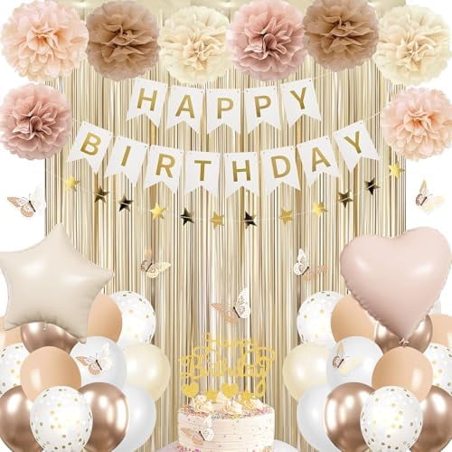 Happy Birthday Decorations Kits for Women Girls,Champagne-Gold Beige Fall Boho Birthday Party Decorations with Foil Balloons,Birthday Banner,Star Banner,Fringe Curtain,Cake Topper