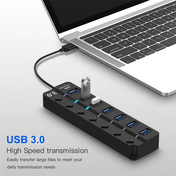 Répartiteur de concentrateur USB 3.0 à 7 ports avec commutateurs marche /  arrêt Multiplicateur de ports USB multiples haute vitesse 5 Gbps pour  ordinateur de bureau 