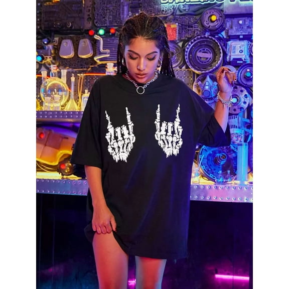 Skeleton Hand Print Oversized Tee Graphic Tees Women Tops Halloween short-sleeved, pure cotton, comfortable