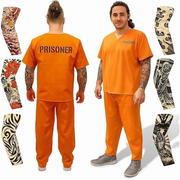 ArtCreativity Orange Prisoner Costume for Men, Size Large, Halloween Jailbird Outfit with Tattoo Sleeves