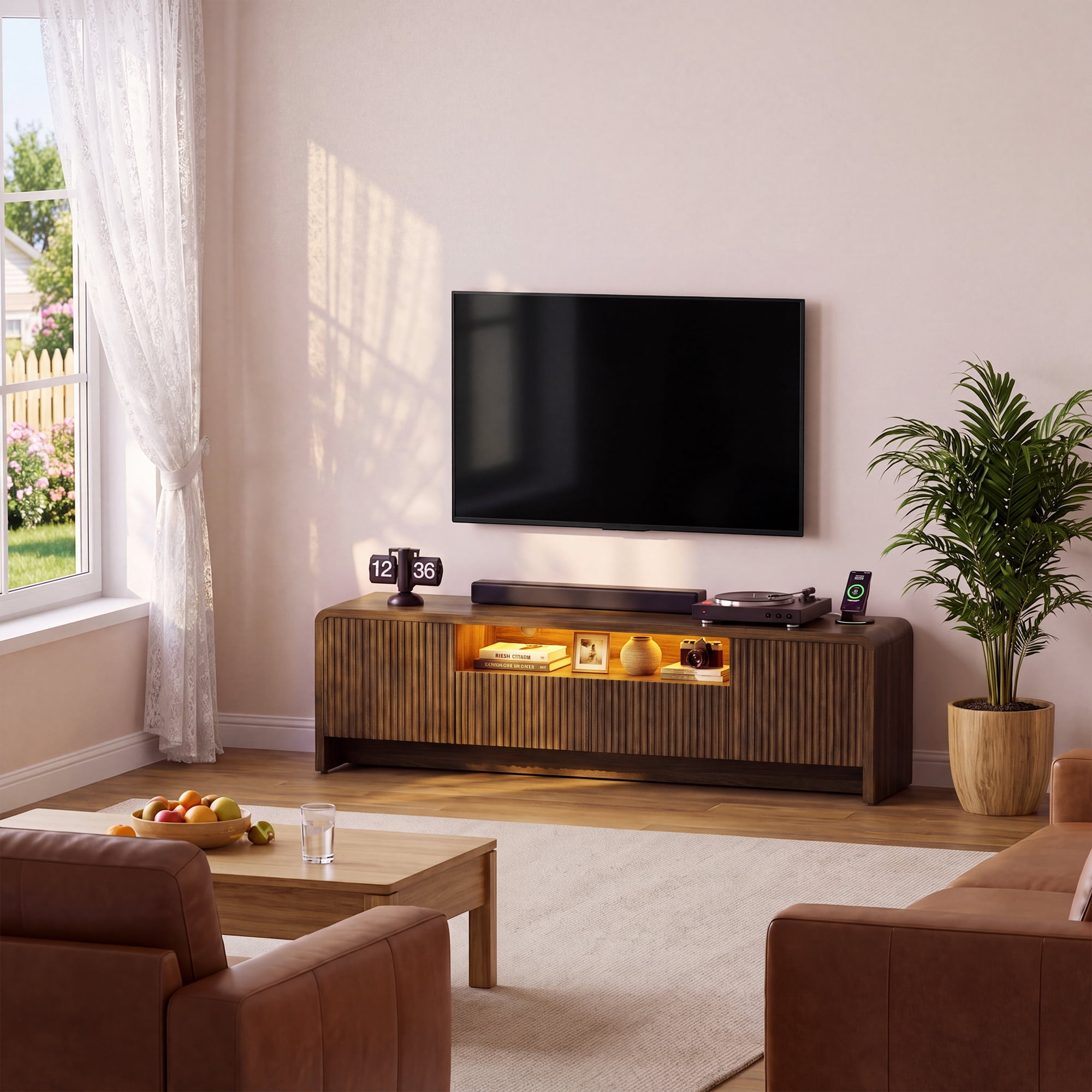 Lacoo 70 Inch Fluted TV Stand for 55-75 Inch TVs, Entertainment Center with Charging Station and RGB LED Lights, Media Console with 2 Drawers and Storage Cabinets for Living Room, Walnut
