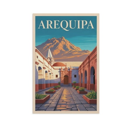 Arequipa Peru Vintage City Travel Poster with White Monastery And Volcano Backdrop Canvas Poster