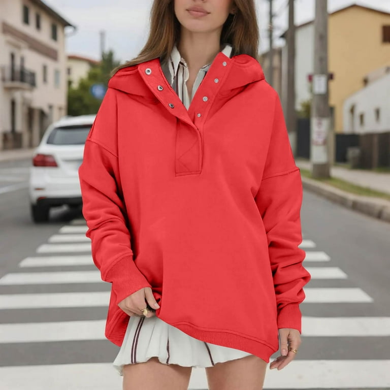 Women'S Casual Hooded Sweatshirt, Snap-Front V Neck Hoodie With - Main Image