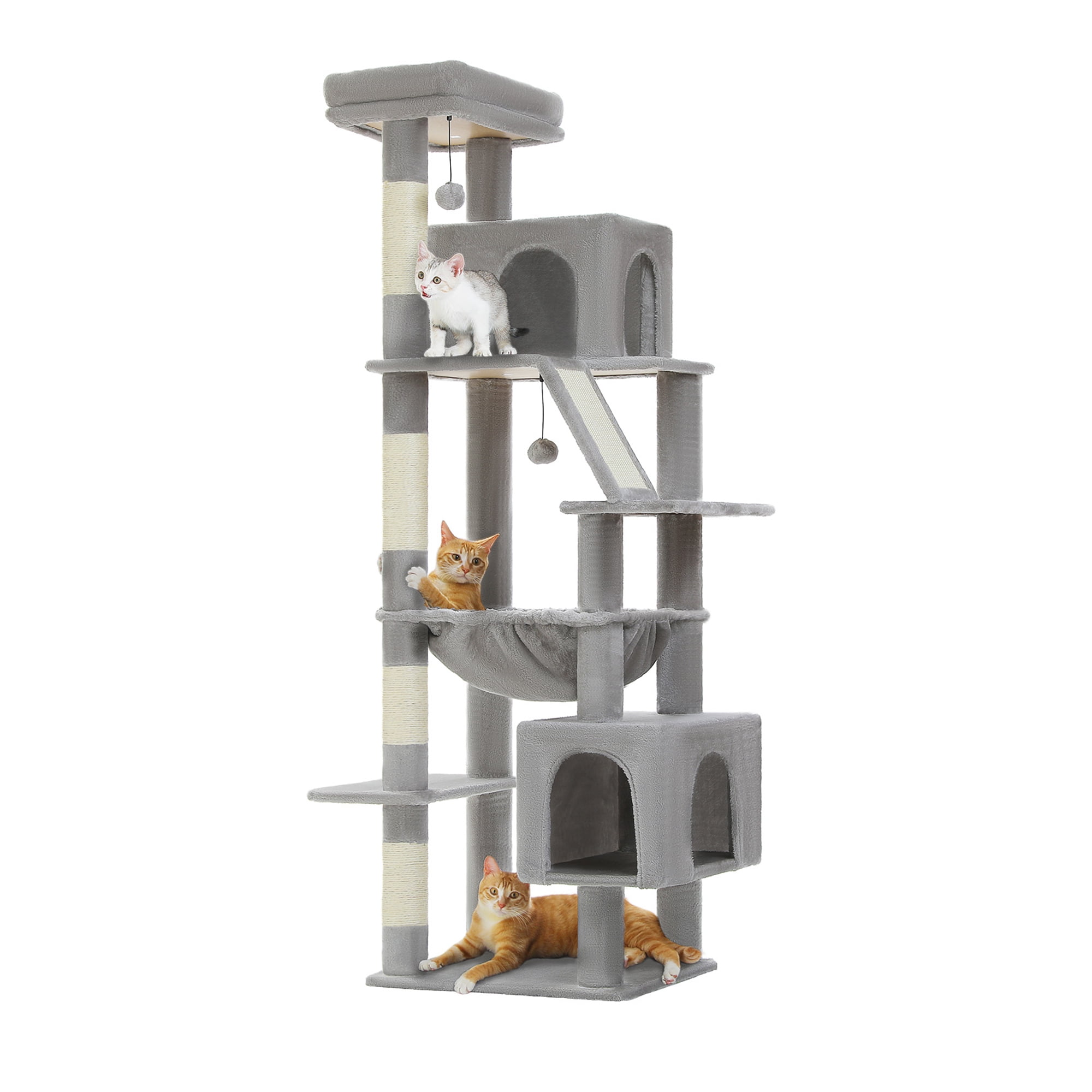 Kadyn 71" Large Cat Tree Tower for Indoor Cats, Multi-Level Cat Tree House with Padded Perches, Scratcher, Hammock, 2 Cozy Cat Condos and Scratching Posts, Gray