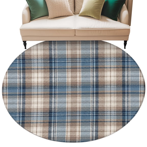 Blue Gray Buffalo Plaid Round Living Room Rugs 5 ft, Rustic Farmhouse Washable Area Rug with Non-Slip Sturdy Edge Binding Round Carpet for Entryway Kitchen Bedroom Bathroom