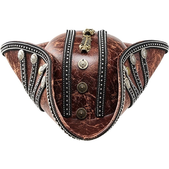 Byfri Vintage PU Leather Tricorn Pirate Hat Skeleton Gear Brown 56-58cm