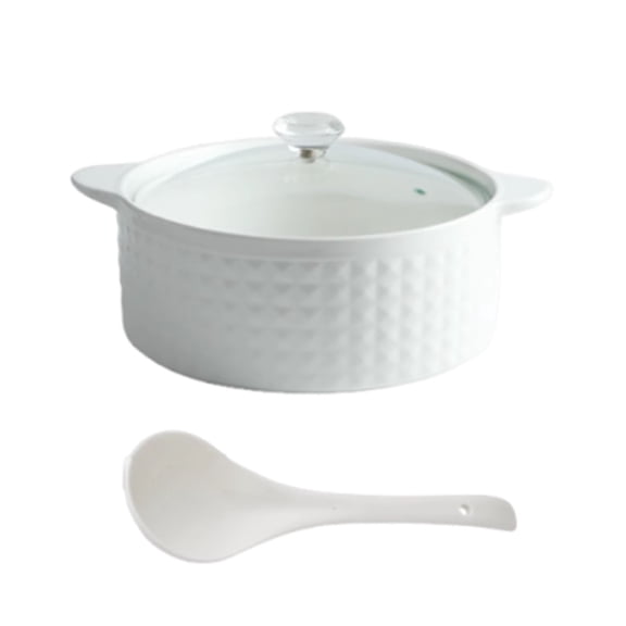 Ceramic soup tureen with lid and ladle, 2L serving dish with glass lid, elegant soup bowl for soups and stews, ceramic bowl microwave and dishwasher safe