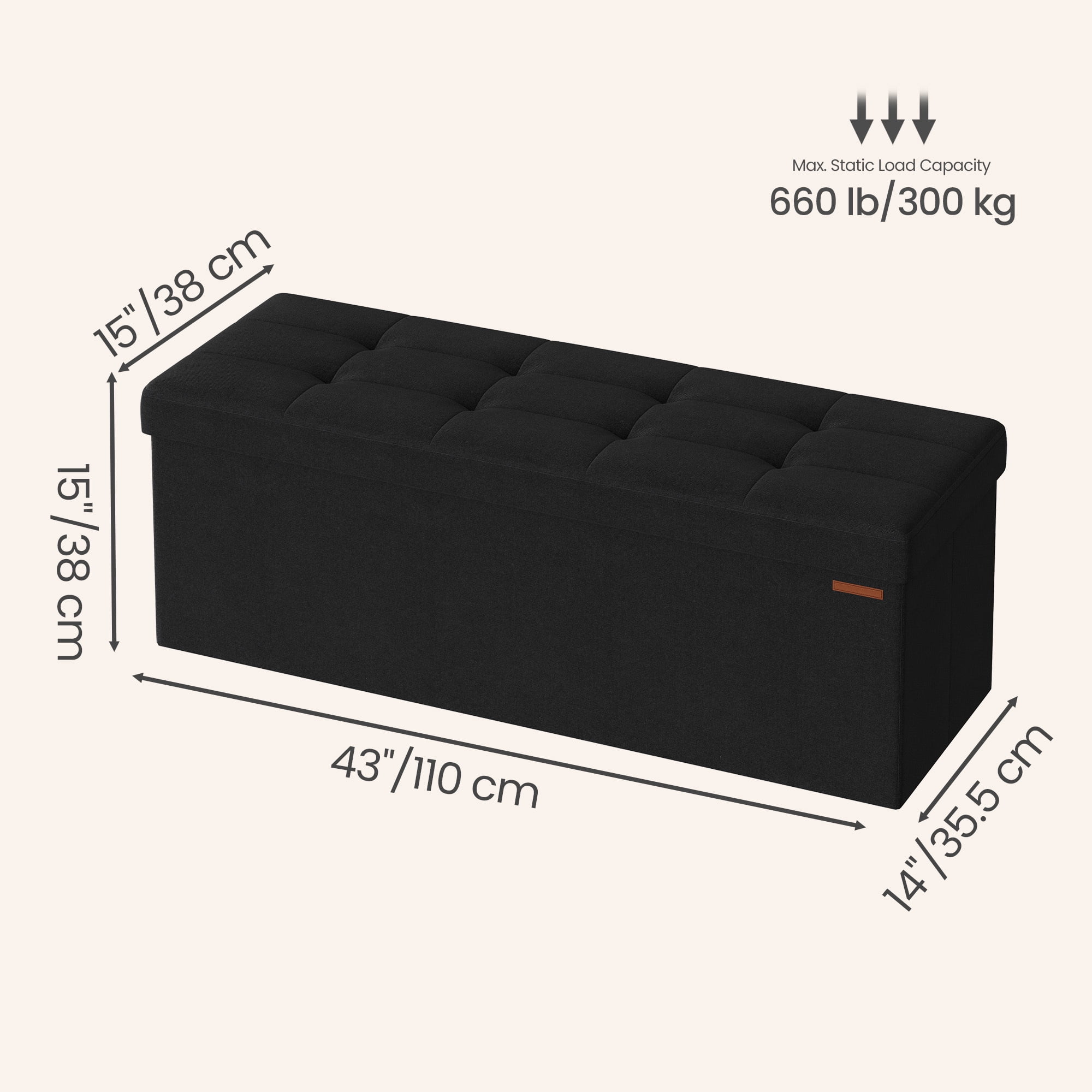 Ledrem Large Foldable Storage Ottoman Bench with Storage, Footrest, Ink Black