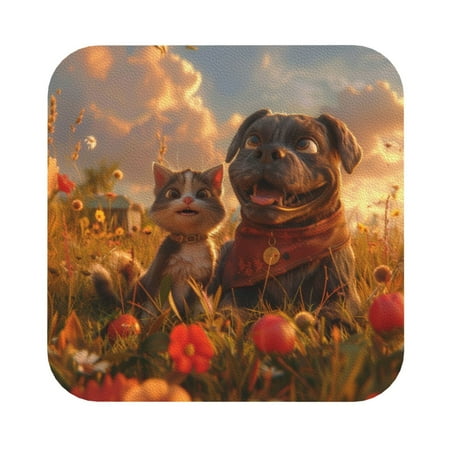 

Salouo Cat Dog Friendship Print Round Coaster Drink Coasters Leather Bar Beer Beverage Coasters for Drinks Set of 4 for Tabletop Protection Coffee Table Decor