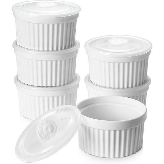 10 oz Ramekins with Lids Oven Safe, Large Creme Brulee Ramekin with Covers, Souffle Dishes Porcelain Ramekins Bowls for Baking Sauce Dessert, Set of 6, White