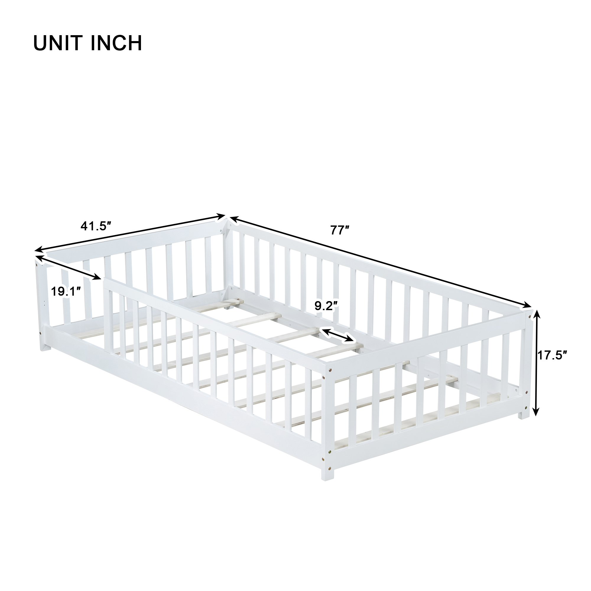 Sailvan Twin Floor Bed with Safety Guardrails,Solid Rubber Wood Fence Kids Bed Frame White