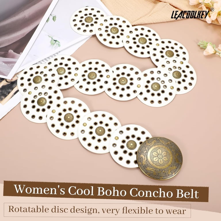 Women Vintage Disc Waist Concho Leather Belt Boho Waist Belt White Silver Buckle Women Vintage Disc Waist Concho Leather Belt Boho Waist Belt  main image 4