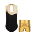 thumbnail image 2 of Yeahdor Kids Girls Gymnastics Dance Outfit Metallic Striped Leotard Sheer Mesh Patchwork Bodysuit with Metallic Shorts Gold 14, 2 of 7