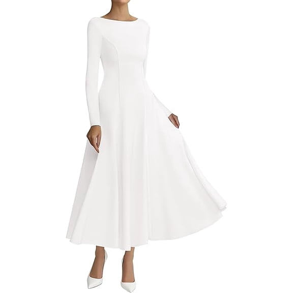 BTFBM Spring Dresses for Women Trendy Boat Neck Long Sleeve A Line Flowy Knit Loose Casual Elegant Party Maxi Dress