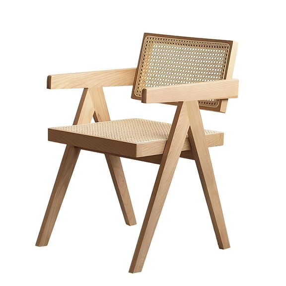Resenkos Modern Mid Century Dining Chairs, Rattan Accent Armchairs with Comfortable Cushion, Outdoor Wood Chairs with Armrest for Living Room and Dining Area, Wood Color
