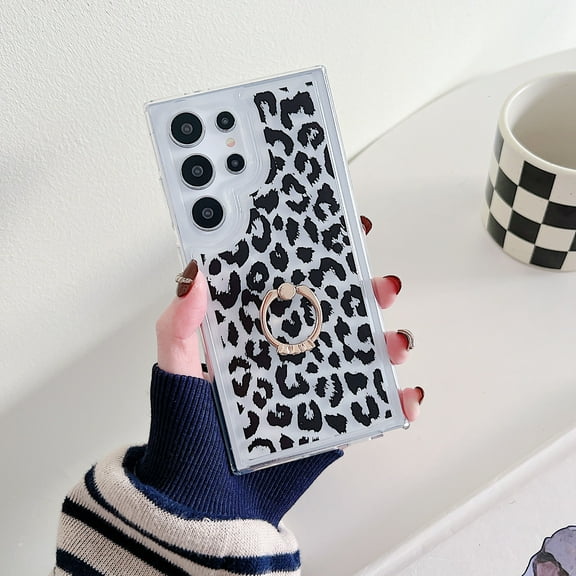 TECH CIRCLE For Galaxy S22 Ultra Case, 360 Rotating Ring Holder Kickstand Soft Slim Shockproof Protective TPU Girls Women Clear Cute Case for Samsung Galaxy S22 Ultra 6.8" 2022,Black Leopard Print