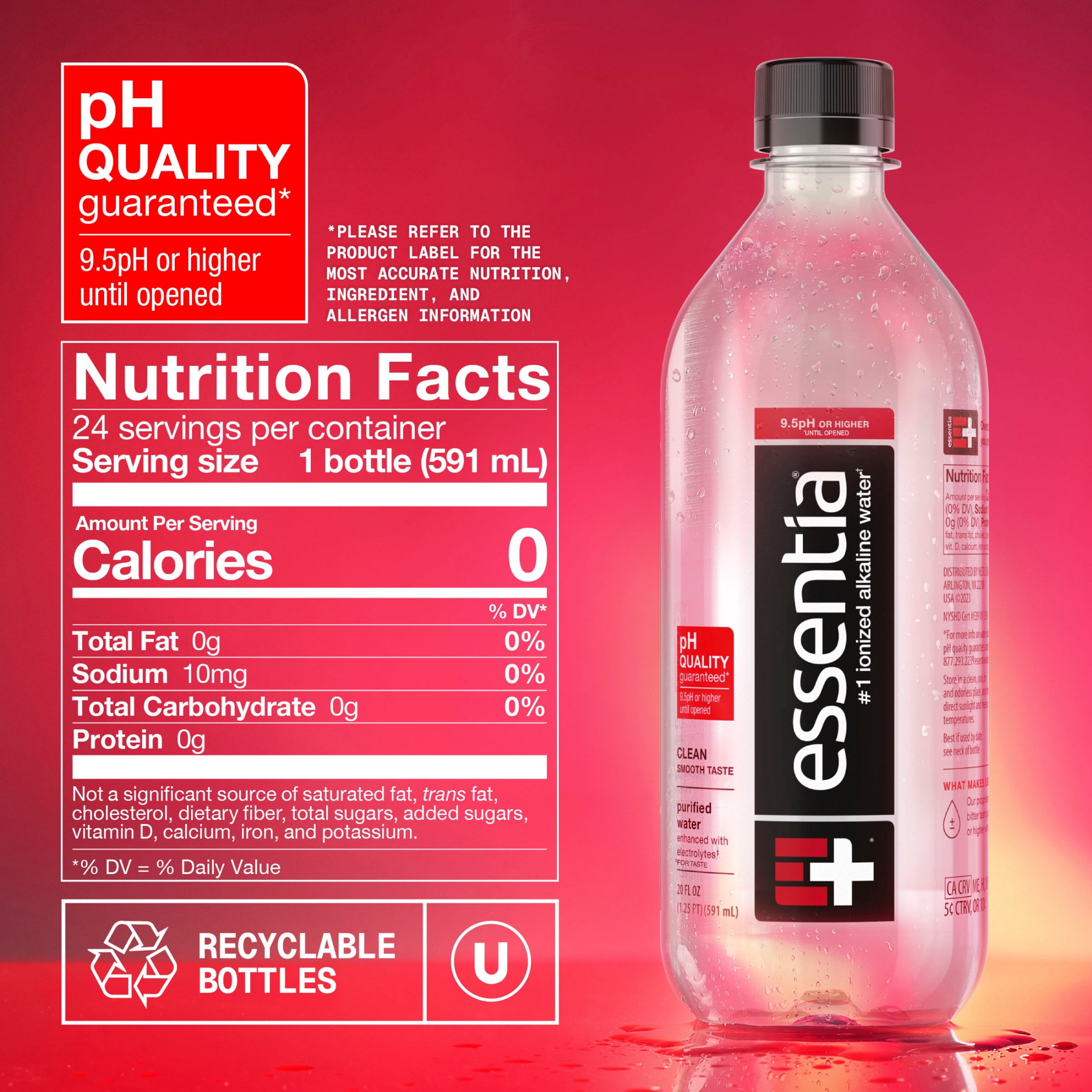 Essentia Ionized Alkaline Water, 9.5 PH until opened, 99.9% Pure, Bottled Water, 24PK
