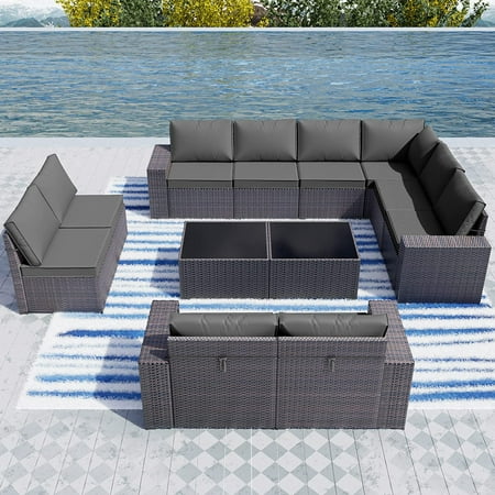 Gotland Outdoor Patio Furniture Set 12 Piece Sectional Rattan Sofa Set Rattan Wicker Patio Conversation Set with 10 Seat Cushions and 2 Tempered Glass Table Grey