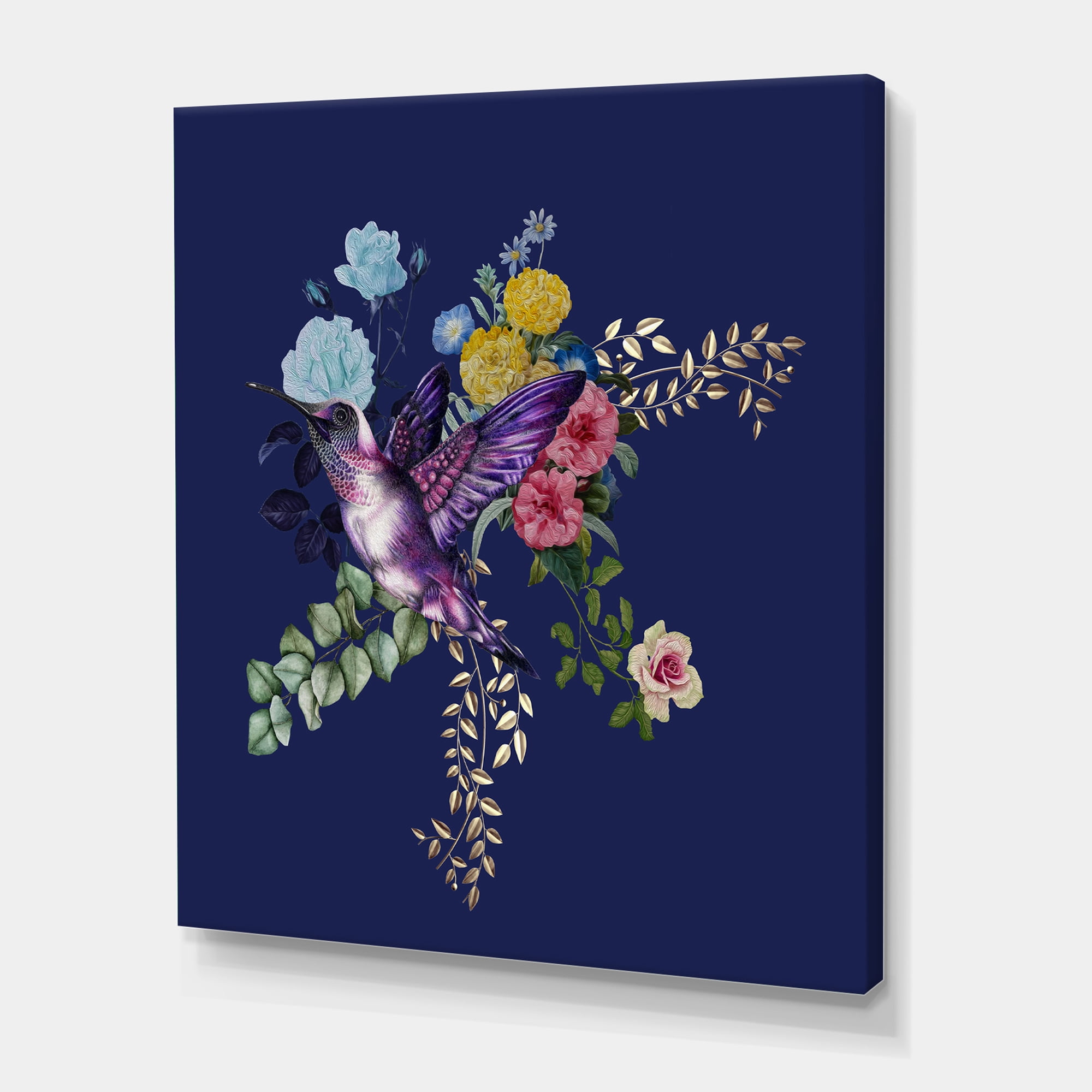 Designart ' Little Bird Sitting On Colourful Bouquet Of Wildflowers I ' Traditional Canvas Wall Art Print