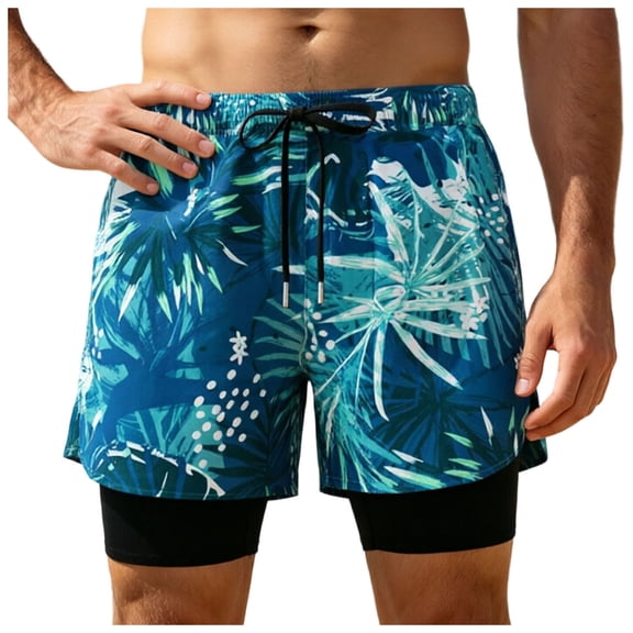 PFWOWB Mens Swim Trunks with Compression Liner 2 in 1 Quick Dry Swim Shorts Tropical Print