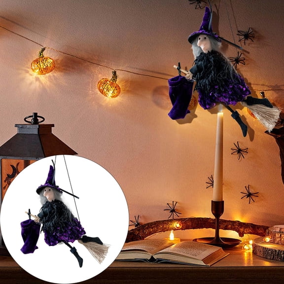 Halloween Hanging Witch on Broom Pendant Prop, Flying Witch Wall Decor Wizard Ornament for Bedroom Porch Tree Patio Restaurant